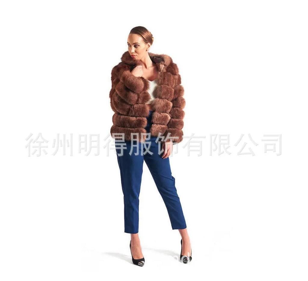 Women's artificial fur hooded coat in street fashion style with 65cm length