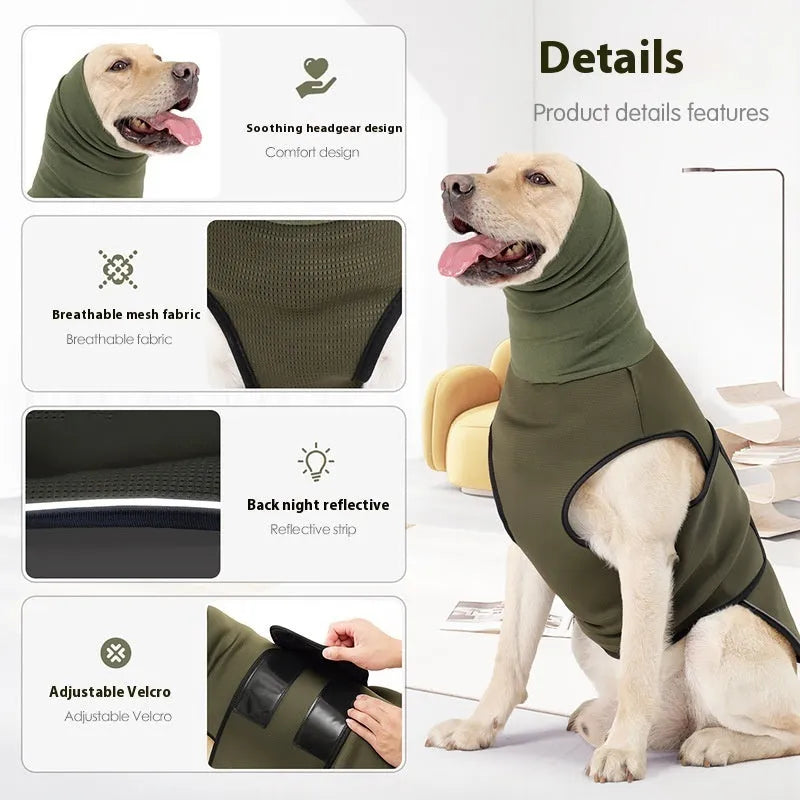 Dog wearing army green anti-anxiety jacket for calming support during stressful situations