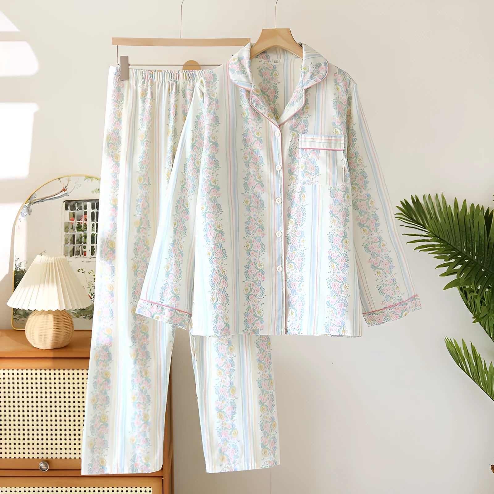 Japanese sweet ladies' cotton gauze homewear set with long sleeves and trousers in striped or fruit print