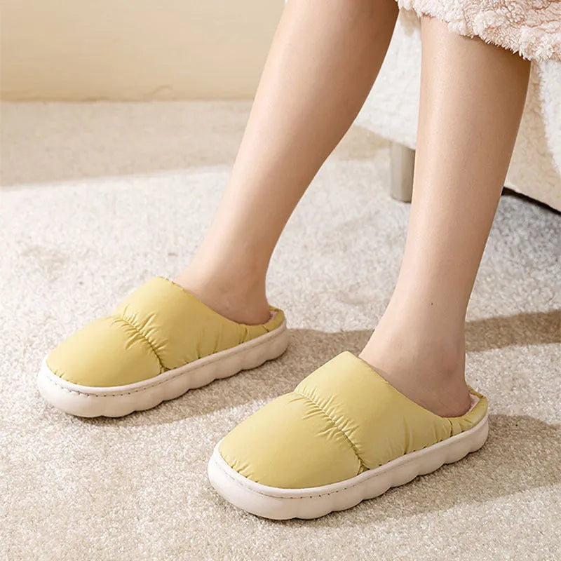 Blue winter house slippers with artificial leather upper, plush lining, and thick rubber anti-slip sole.