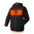 Black USB heated waterproof windproof thermal coat for men with long sleeves and straight hem.