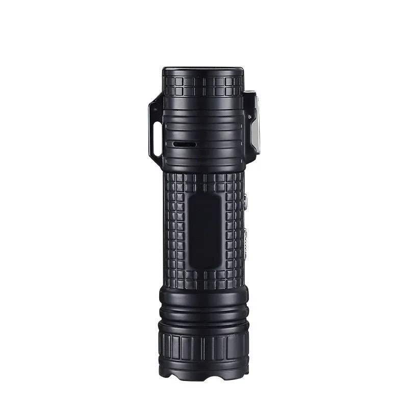 TH727 multi-function waterproof metal flashlight lighter in camouflage, red, black, blue, and yellow colour options.