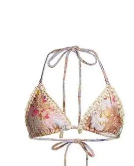 Women's creamy-white floral bikini suit with top, underwear, and matching skirt