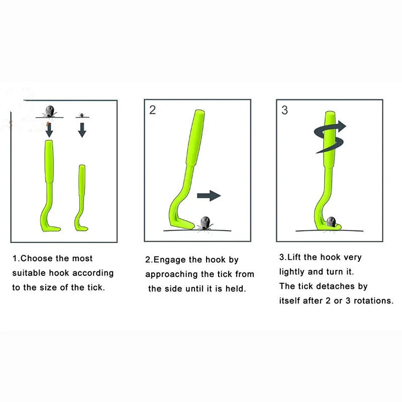 Blue and green plastic pet tick removal hooks, set of 3 pieces.