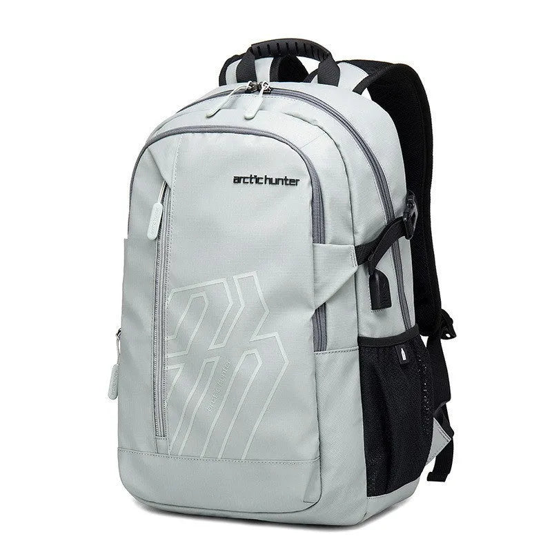Blue plaid 18-inch casual computer backpack with curved shoulder strap on a white background.