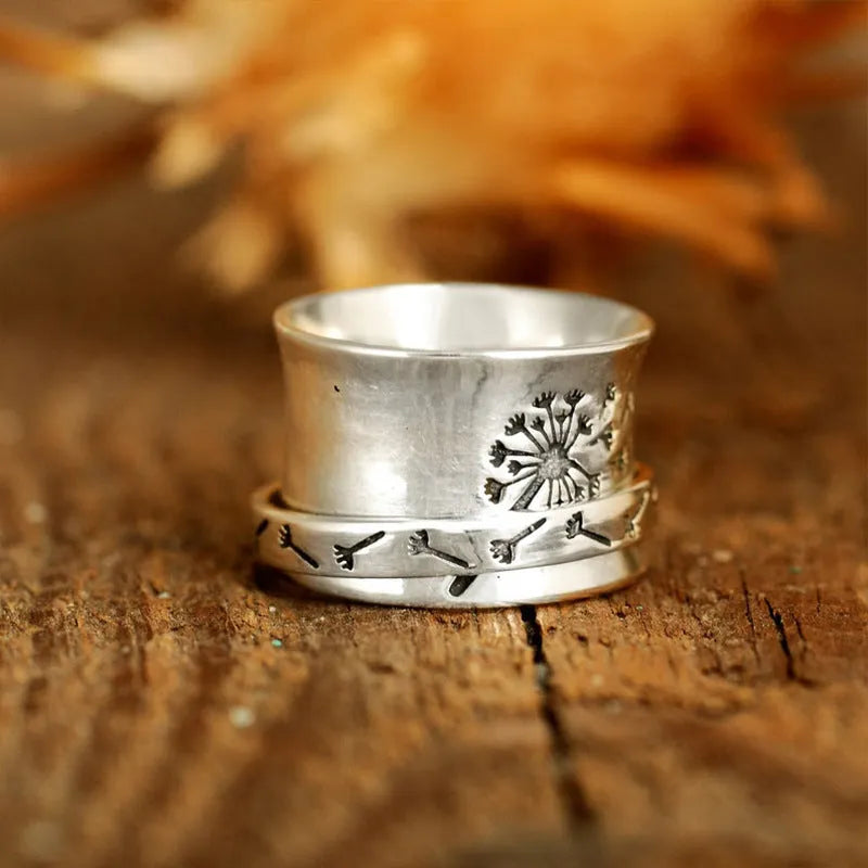 Silver rotatable flower ring showing floral design on alloy band