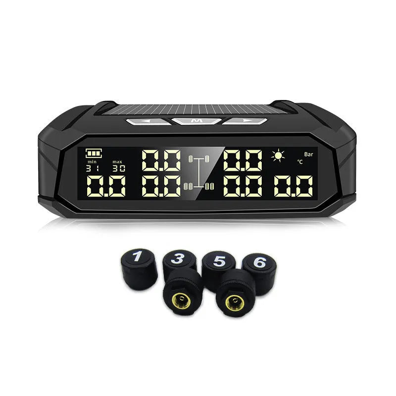Solar-powered external tyre pressure monitor with colour display and six sensors for RVs and trucks