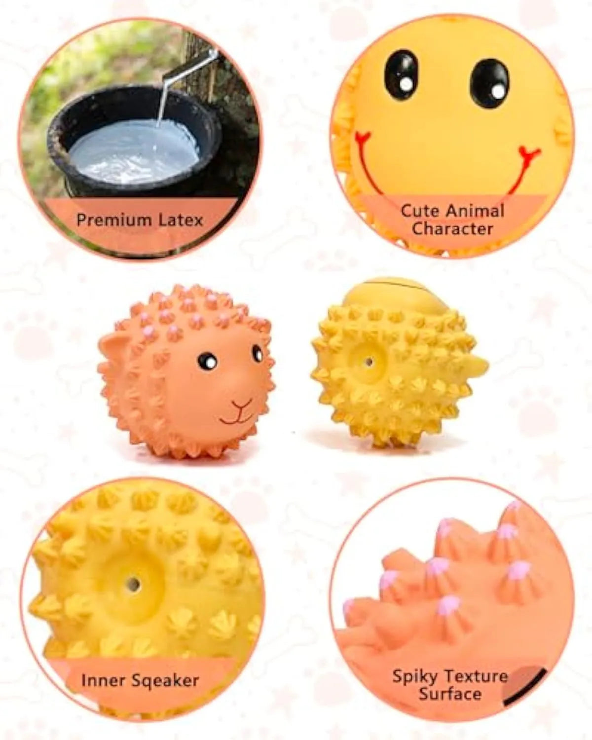 Orange and yellow spiky natural latex squeaky dog toy ball for small and medium breeds