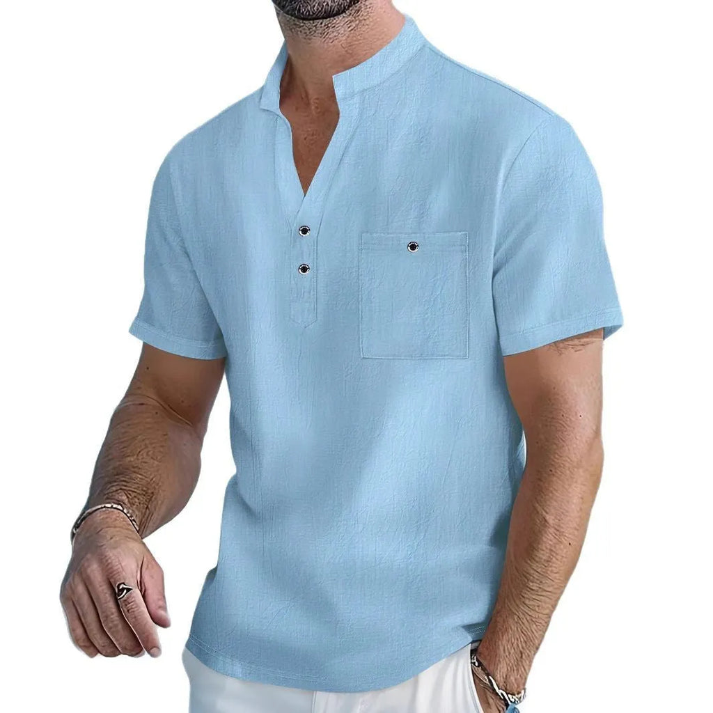 Men's linen blend stand collar t-shirt in loose pullover style available in multiple colours