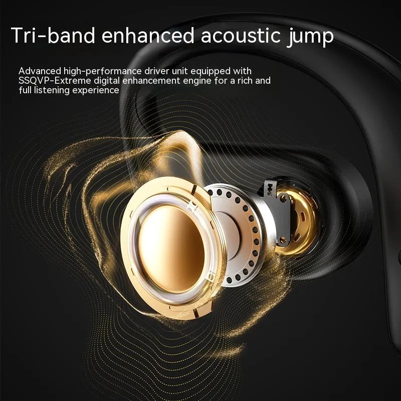 OWS open Bluetooth headset in Elegant Black with ear hook design and charging case