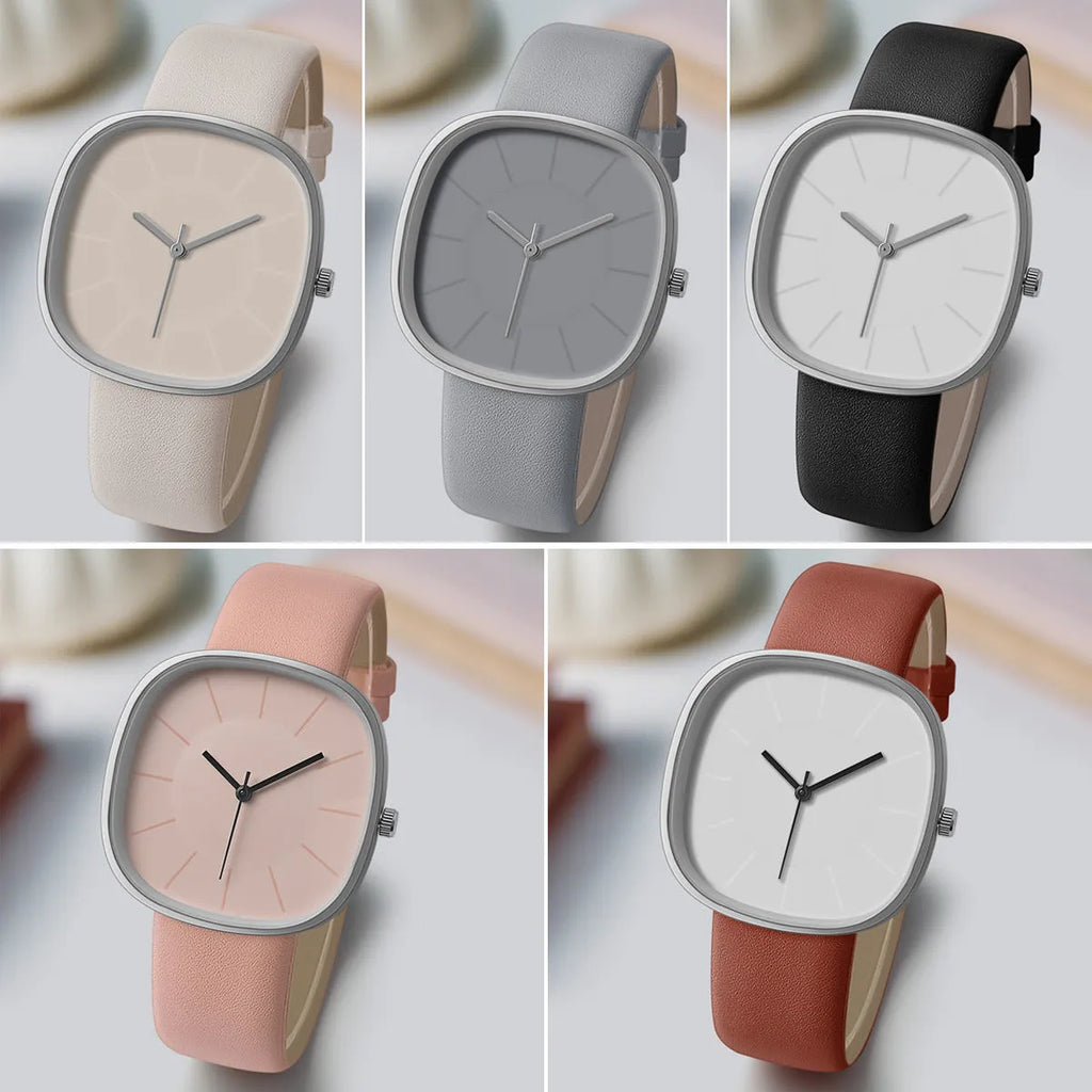 Women's cube sugar square silicone watch with organic glass dial, stainless steel back, pin buckle, available in pink, gray, khaki, light brown, black