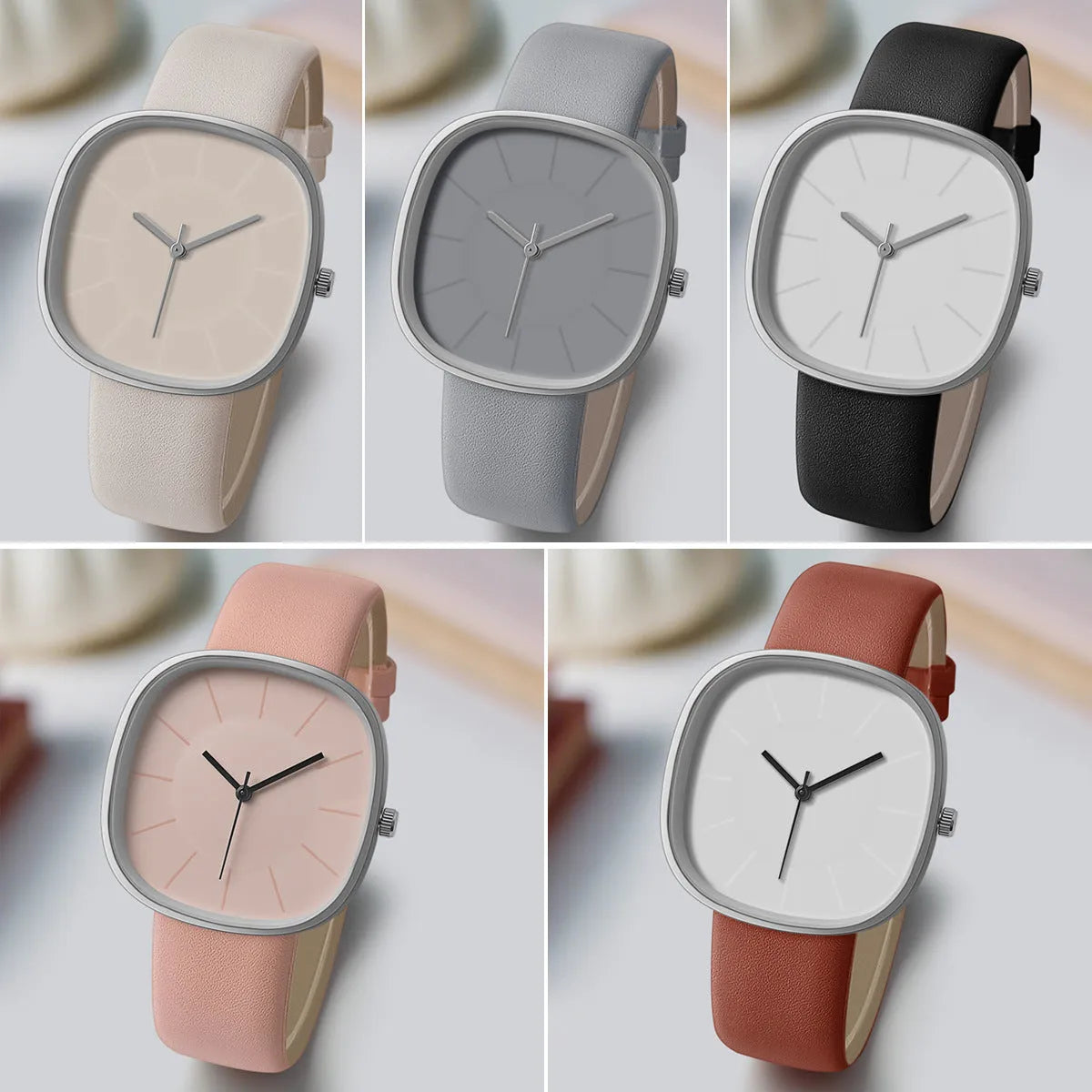Women's cube sugar square silicone watch with organic glass dial, stainless steel back, pin buckle, available in pink, gray, khaki, light brown, black