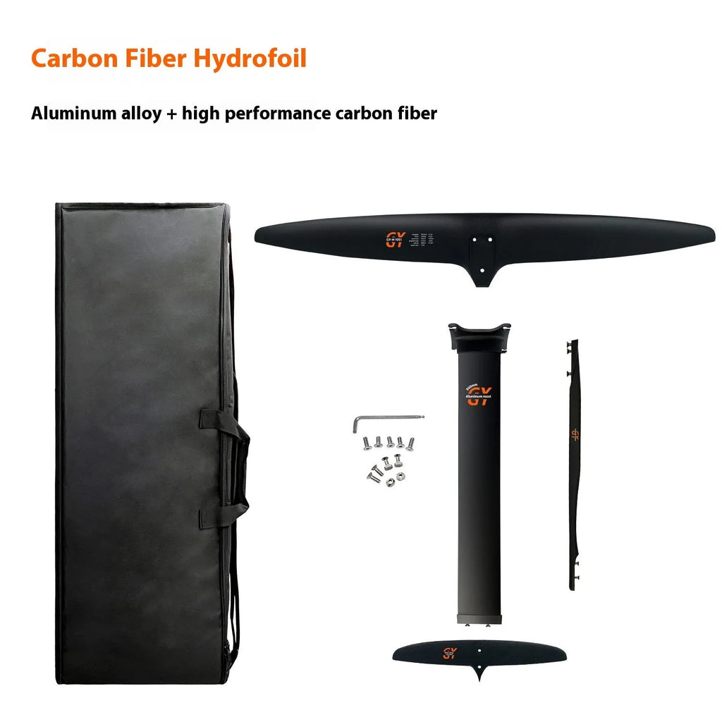 Black carbon fibre and aluminium alloy racing hydrofoil for surfing with 1051mm front wing