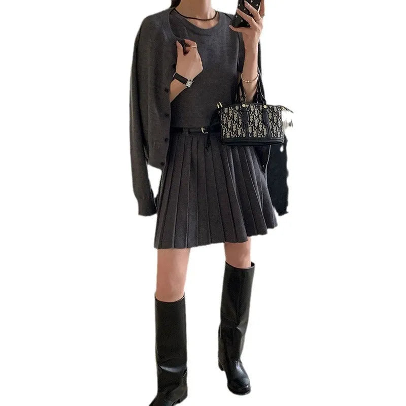 Grey national style women's two-piece set with pleated vest skirt and long-sleeved cardigan