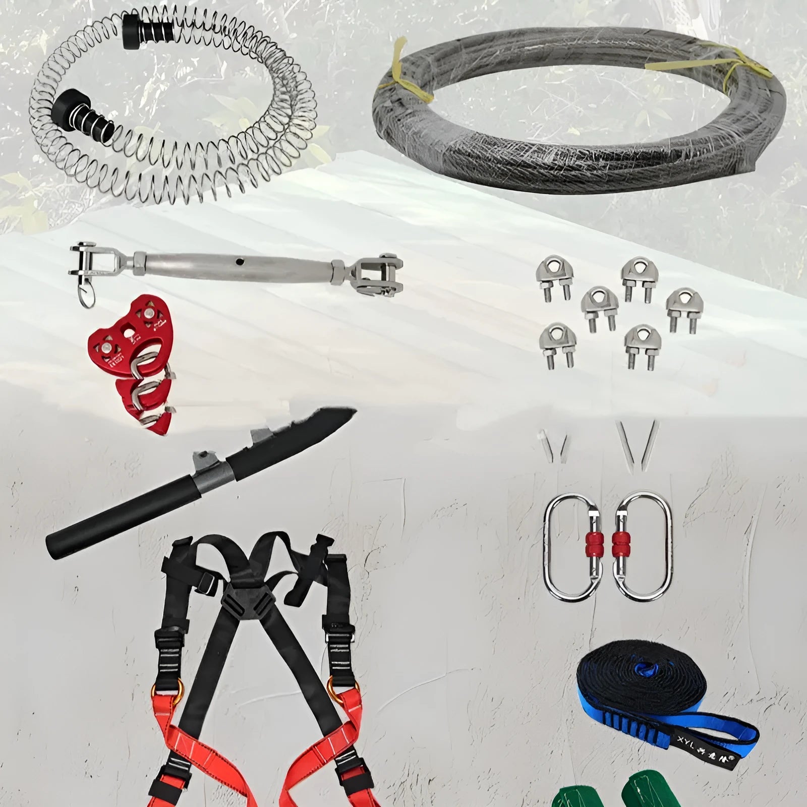 Outdoor pulley slide rope system with alloy steel components and 10 metre rope