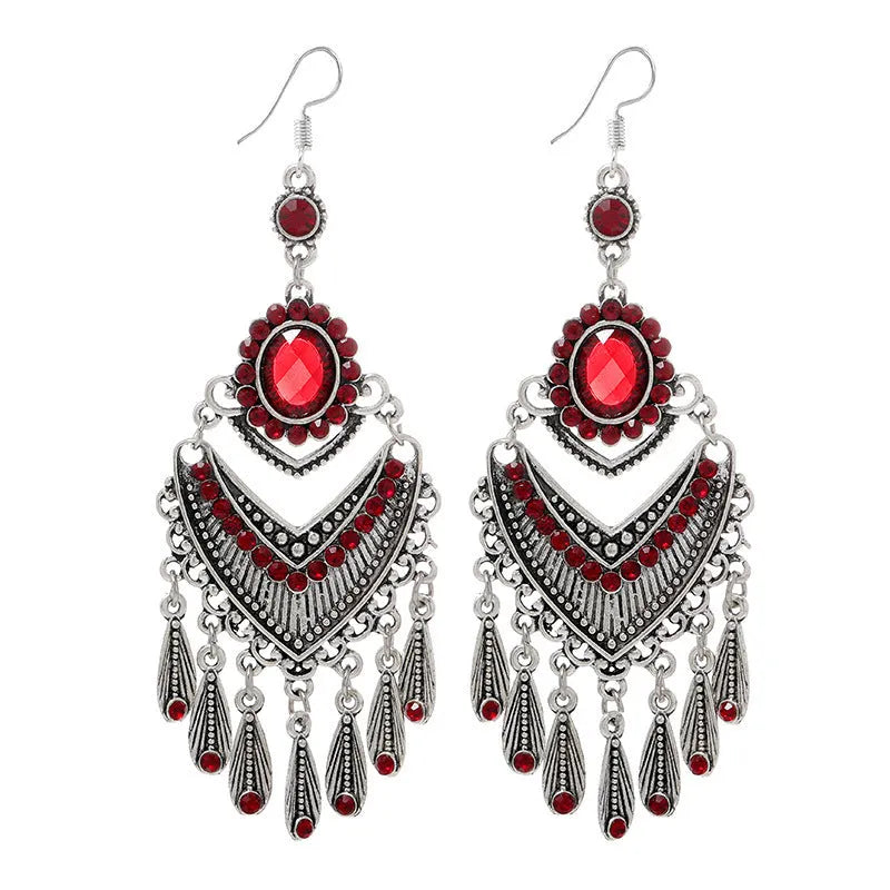Retro court crystal long fringe earrings in Smart Water Drop Purple colour showing drop shape and ethnic style design