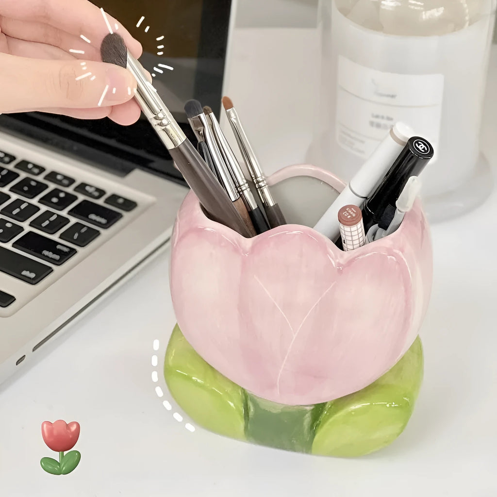 Ceramic flower pen holder storage box in floral pattern colours on desktop
