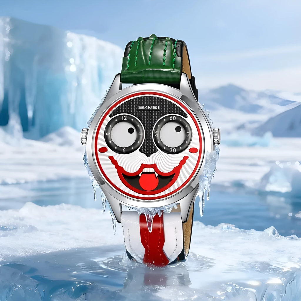 SKMEI men's round analogue watch with clown dial, black strap, and alloy case