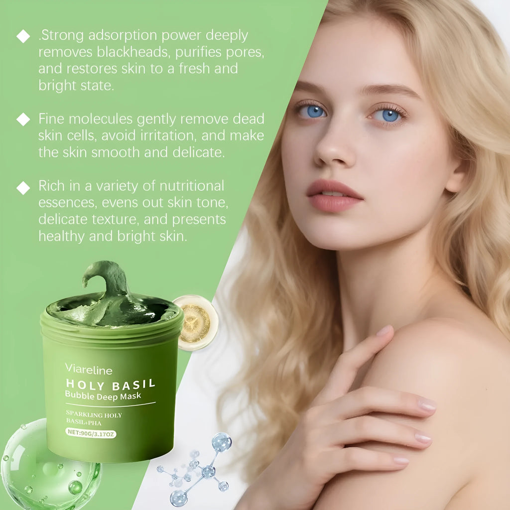Holy Basil Bubble Deep Mask clay mask with acne patches and beauty instrument set on white background