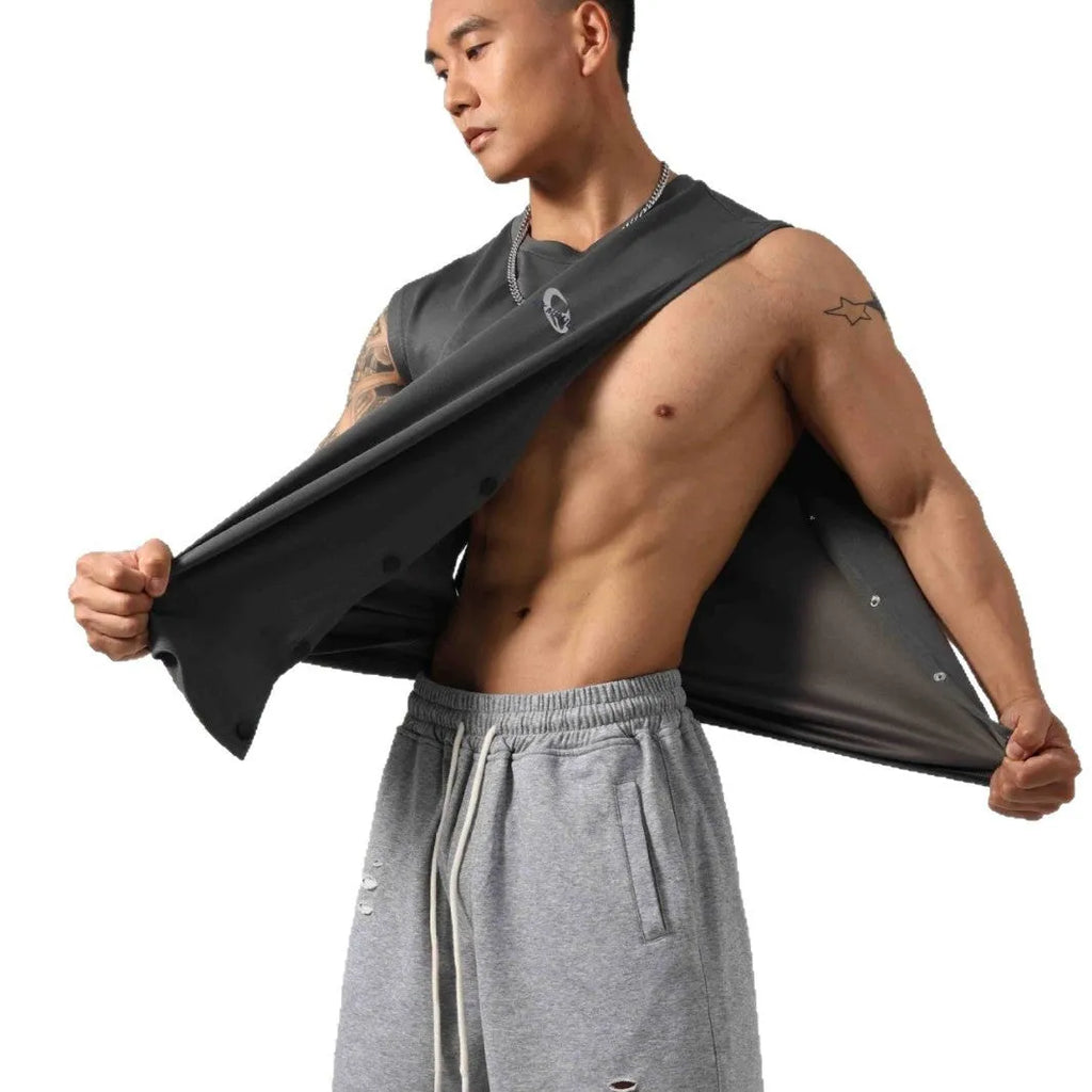 Men's loose black cotton fitness vest showing hidden hook side openings.