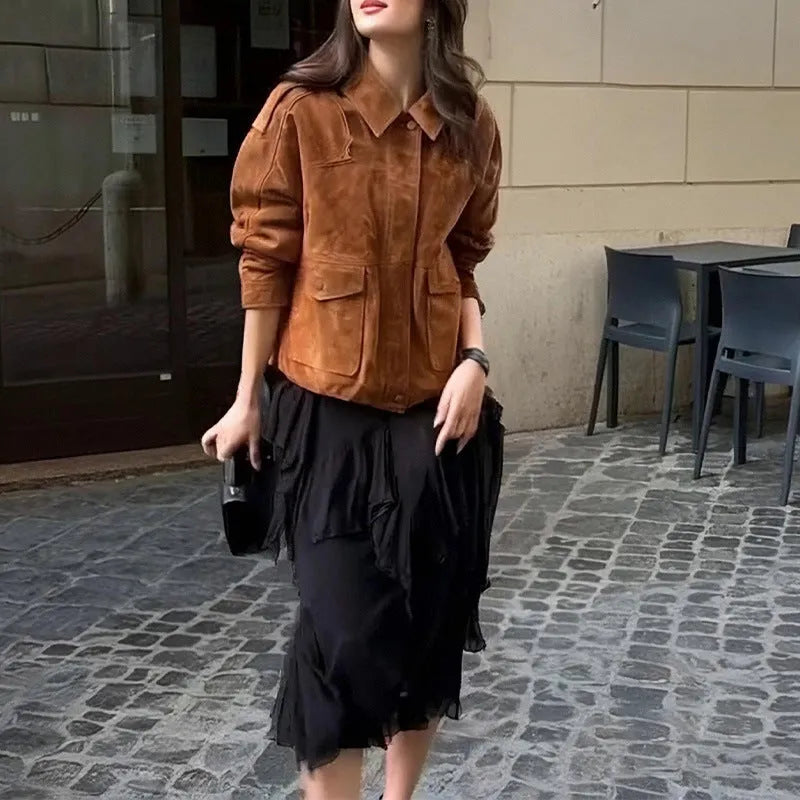 Women's brown suede-look coat with regular sleeves and street chic styling