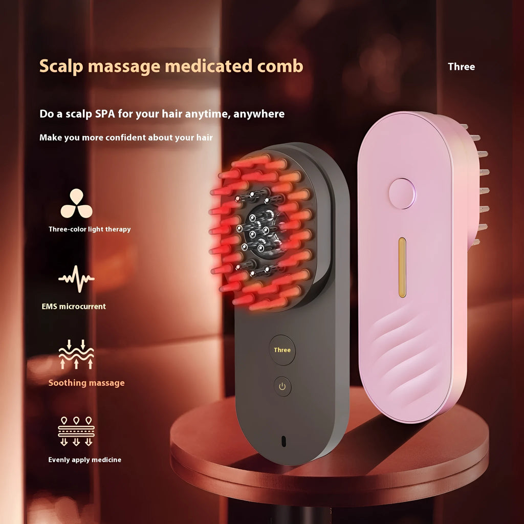 Pink and black smart massage comb for scalp care with red light therapy, shown next to a ruler indicating size under 10cm.