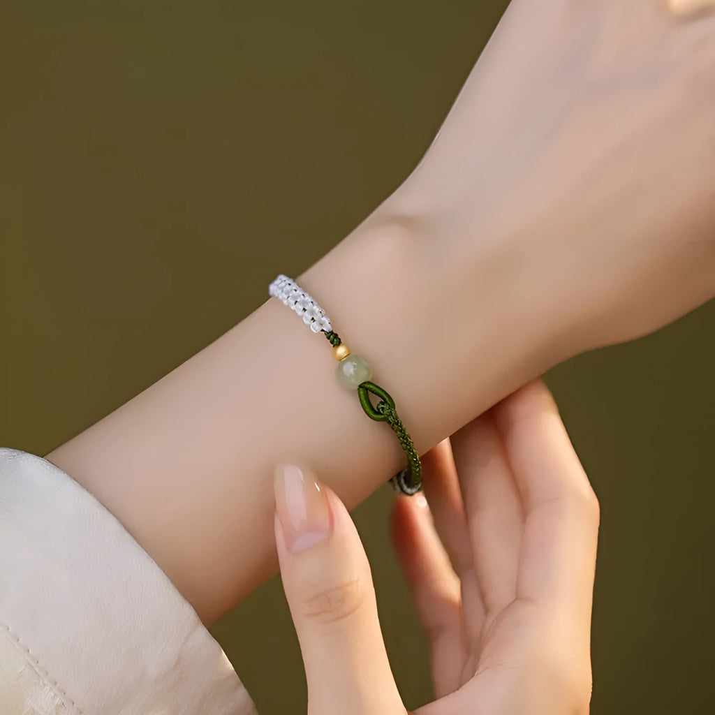 Hetian jade and sterling silver bracelet with colourful carrying strap in national tide style