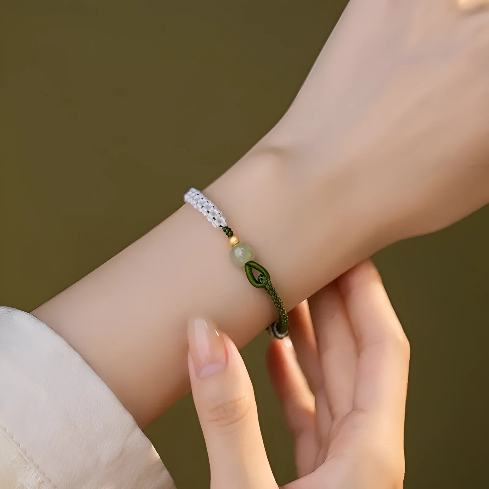 Hetian jade and sterling silver bracelet with colourful carrying strap in national tide style