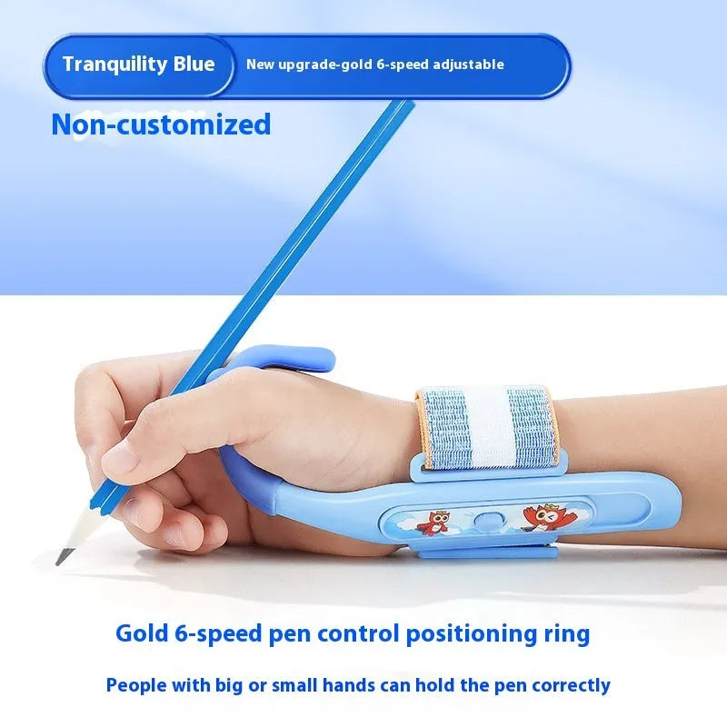 Blue Anti-hook Holder Pen Control Corrector wrist brace for pen grip correction.