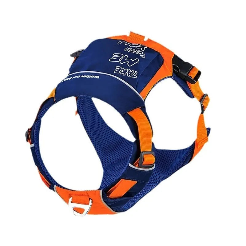 Orange blue nylon dog vest harness with hand rope attachment on single chest back design
