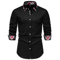 Men's blue plaid long sleeve shirt with triangle collar on hanger