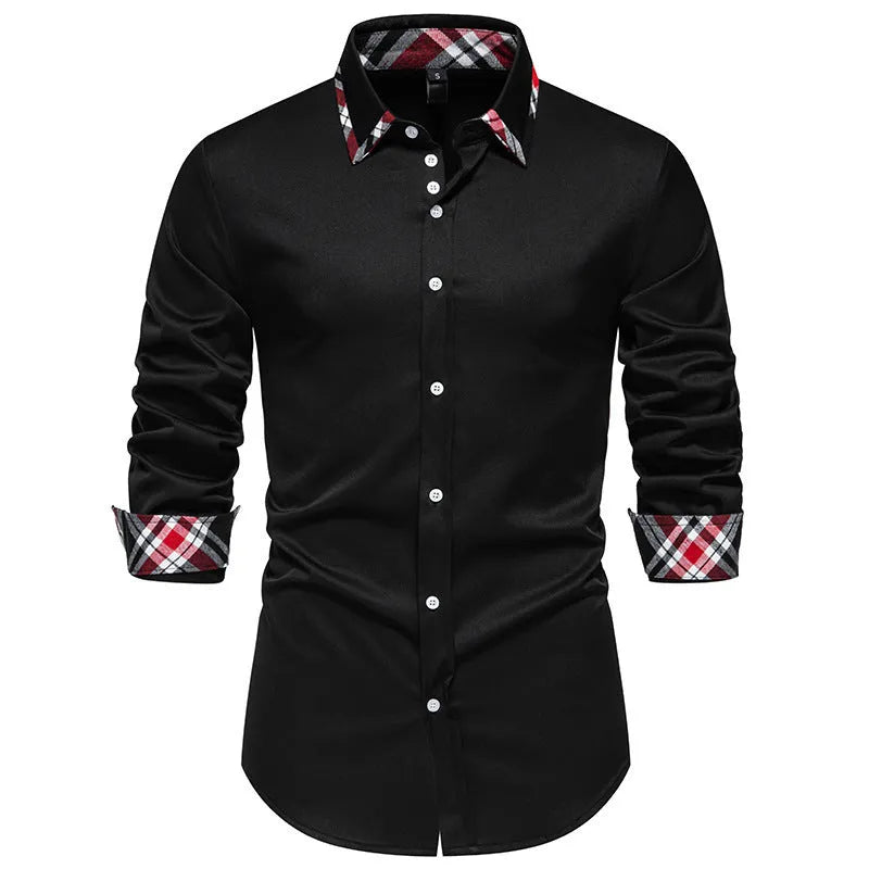 Men's blue plaid long sleeve shirt with triangle collar on hanger