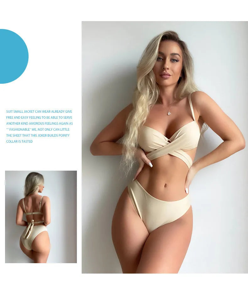 Three-piece backless push up bikini set with removable skirt in creamy white colour