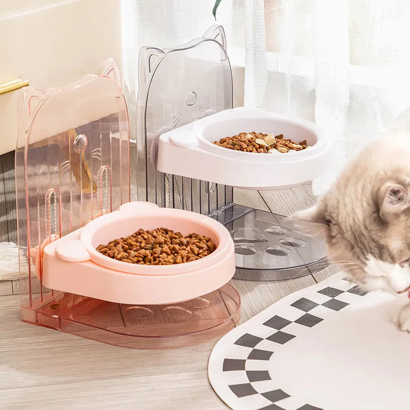 Grey cat bowl with anti-spill cage and cat ear neck protection for pets