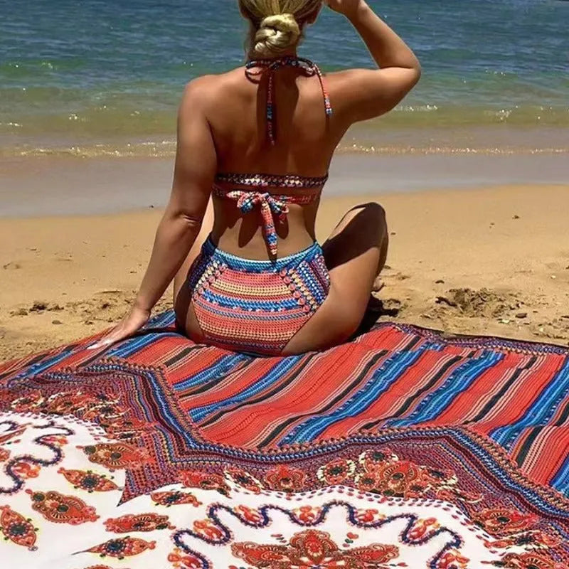 Women's three-piece swimsuit set with cutout blouse, high-waist briefs, and matching beach coat