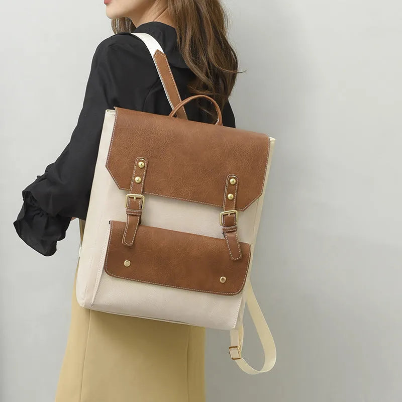 Korean retro style simple backpack in soft PU material showing ventilation features