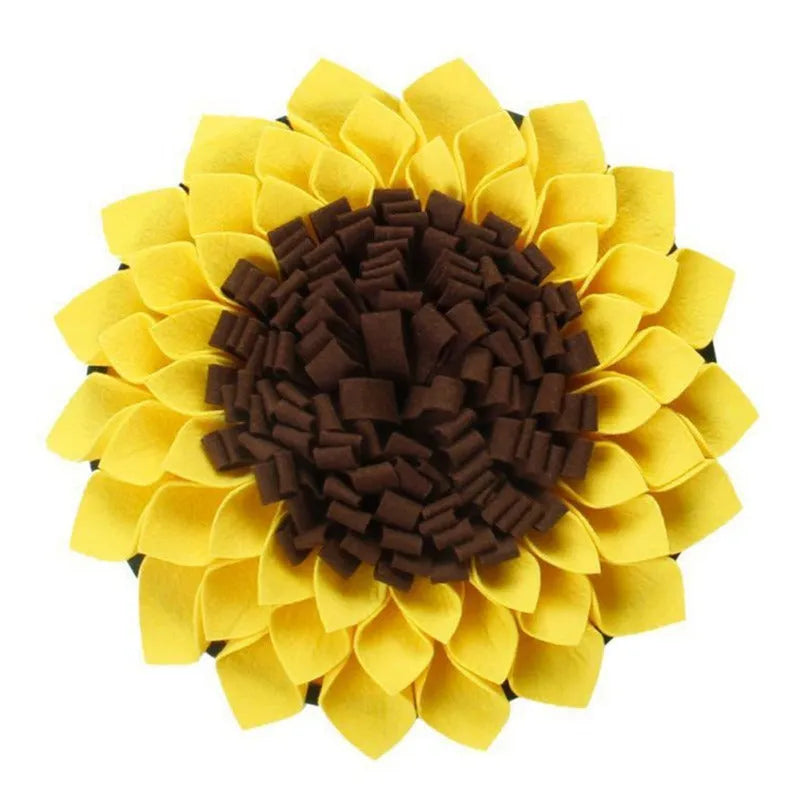 Yellow sunflower-shaped dog snuffle mat with fabric layers for hiding treats during nosework training