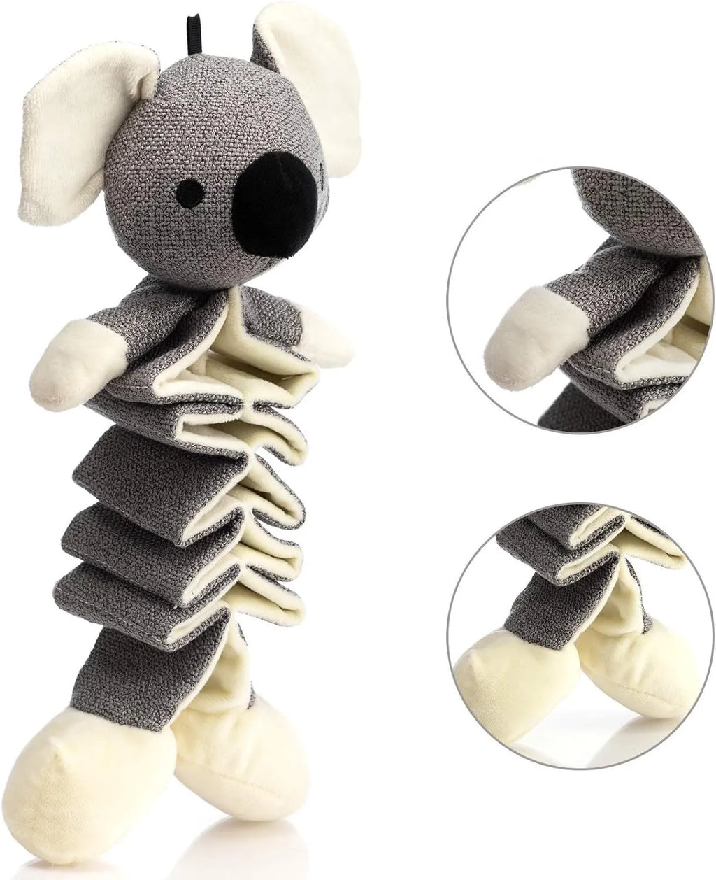 Grey koala-shaped dog chew toy measuring 30cm with plush limbs and crinkle paper inside.
