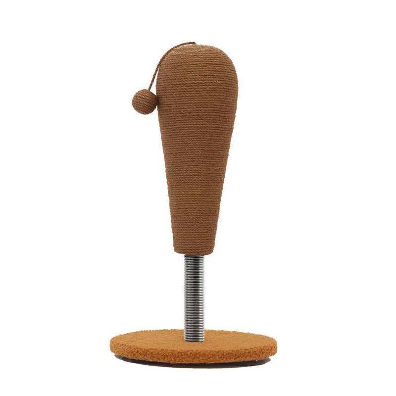 Cat scratching post with interactive tumbler toy made from natural hemp rope in large and small size options