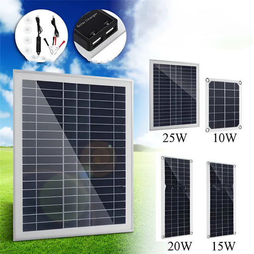 10W polycrystalline silicon solar panel with dual USB ports for outdoor charging.