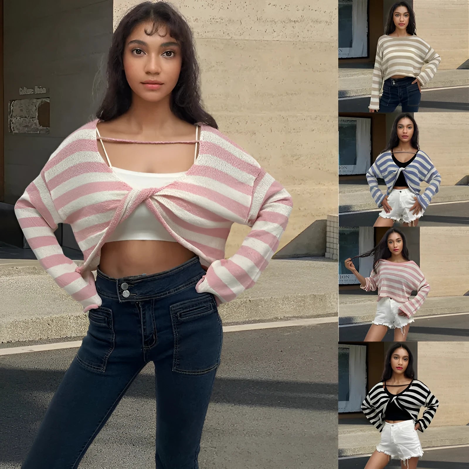 Striped long-sleeve pullover sweater in Mercerised cotton, shown in multiple colours, highlighting front/back wearable design.