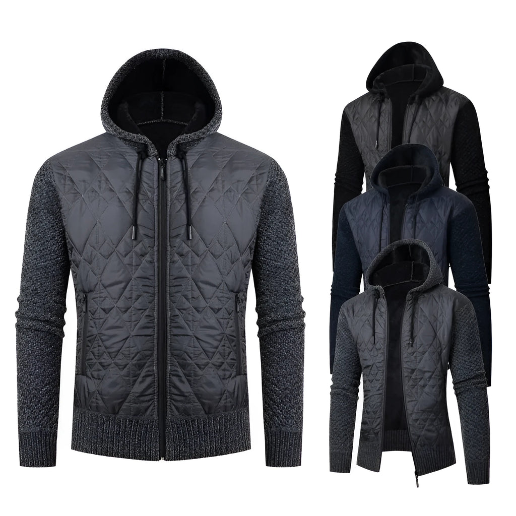 Men's grey hooded sweater coat in cinched corduroy style with wool composition