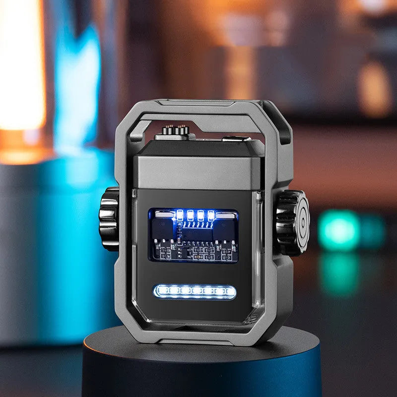 Blue windproof electric plasma lighter with a spinning metal gyroscope, shown folded and unfolded.