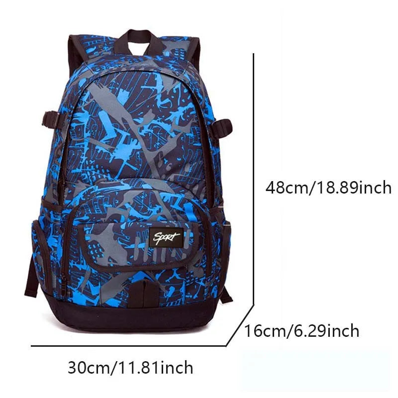 Blue and red large classic nylon backpack for students and teenagers.