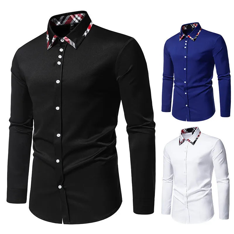 Men's blue plaid long sleeve shirt with triangle collar on hanger