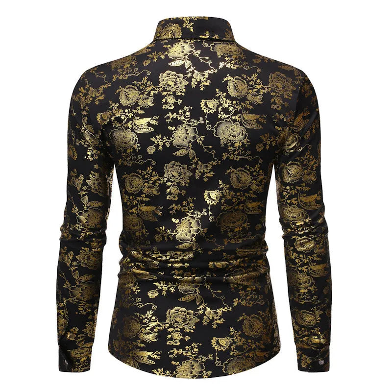 Men's long sleeve casual cardigan shirt with metal bronzing printed lapel in wine red colour