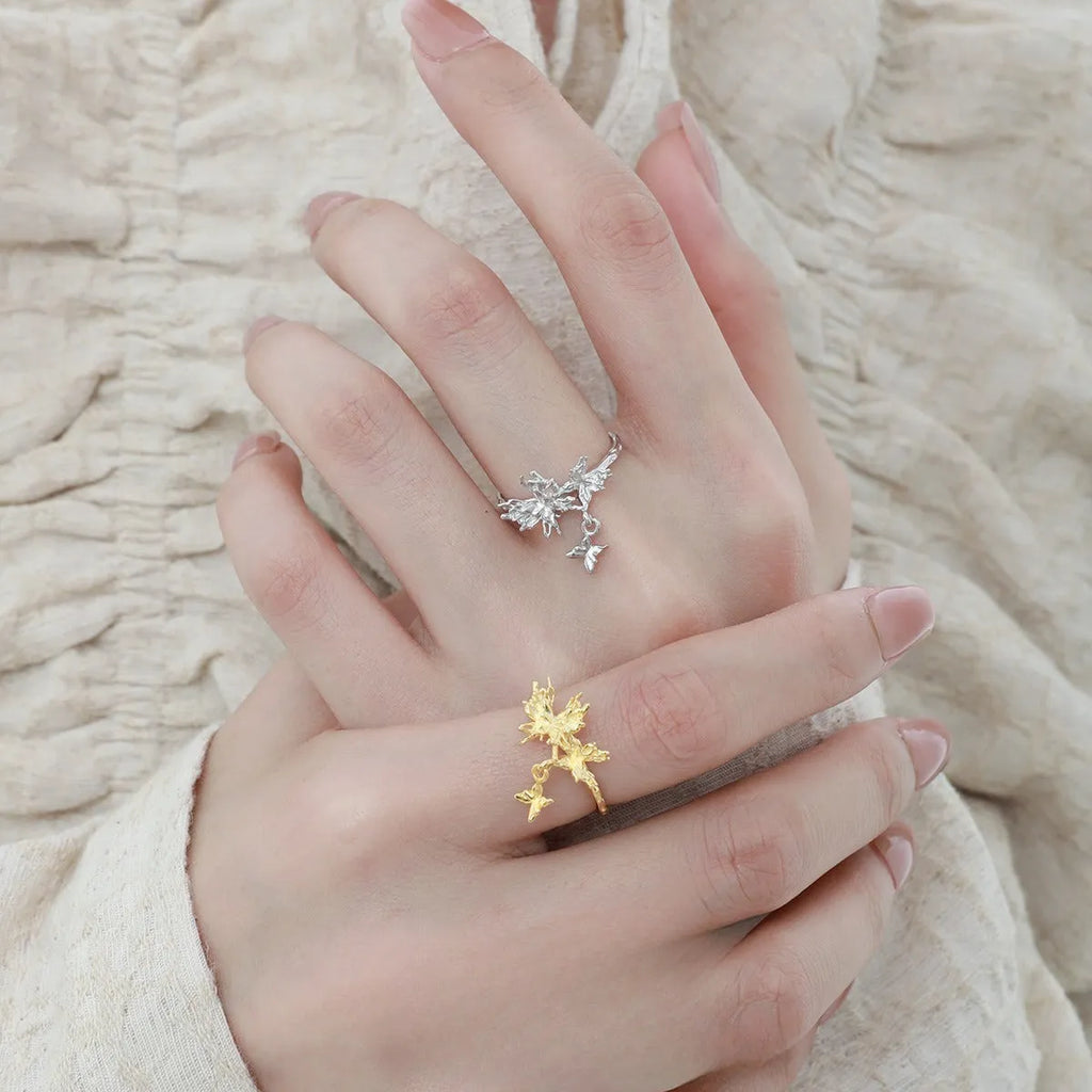 Adjustable silver ring with wild butterfly design in electroplated gold colour