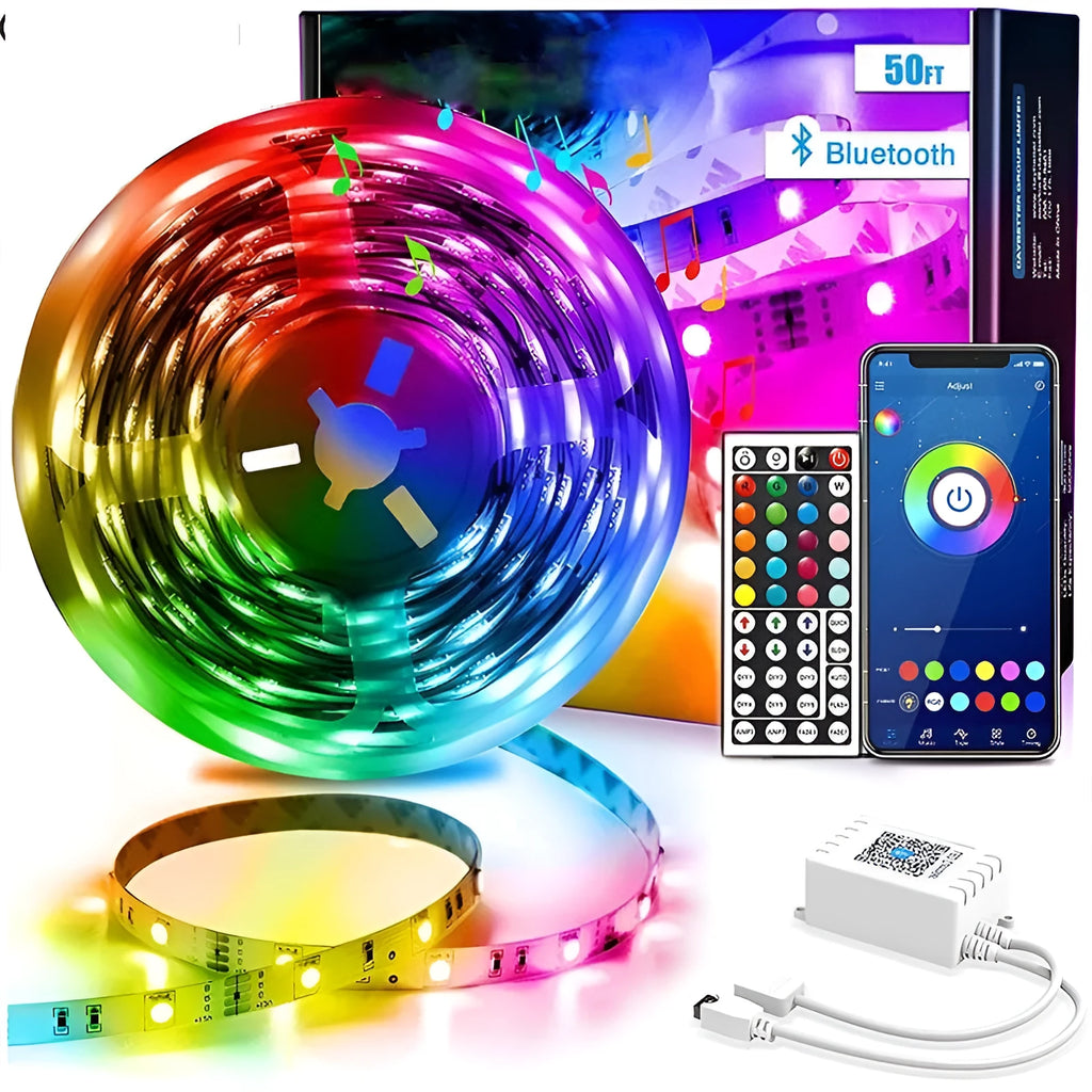 Bluetooth-controlled RGB LED light strip with remote, showing 5050 LEDs and waterproof epoxy coating option.
