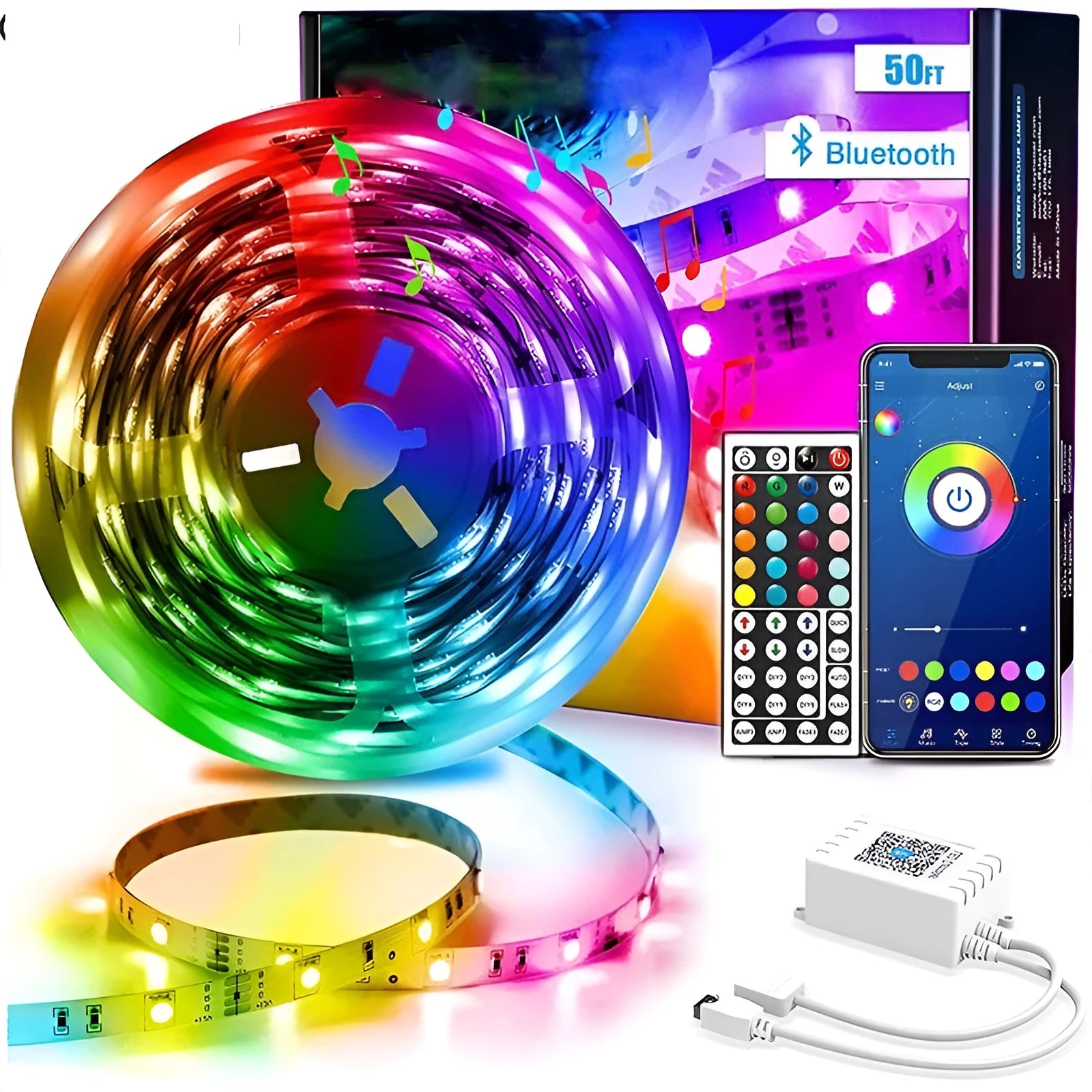 Bluetooth-controlled RGB LED light strip with remote, showing 5050 LEDs and waterproof epoxy coating option.
