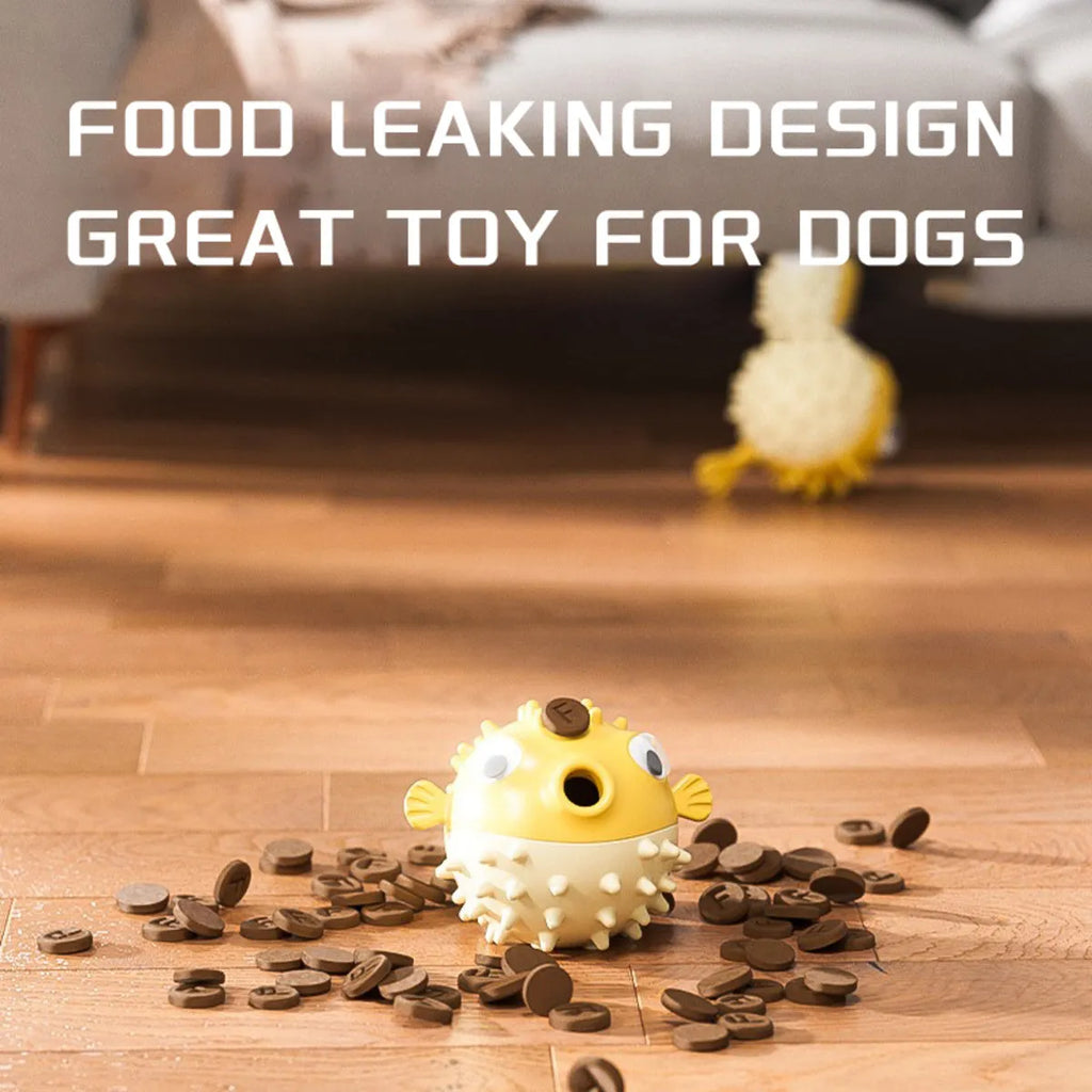 Yellow fish-shaped dog chew toy with textured surface for aggressive chewers